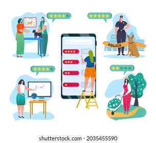 Demanded profession rating, vector illustration. Woman character make list design with professional job at huge smartphone screen.