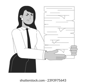 Demanding boss delegating more tasks black and white 2D line cartoon character. Annoyed indian female manager isolated vector outline person. Holding papers pile monochromatic flat spot illustration