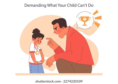 Demanding what your child can't do. Verbal and emotional abuse of a child. Parenthood failure. Abusive family and traumatizing childhood experience. Flat vector illustration