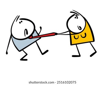 Demanding woman grabs a tie and pulls an unhappy man to her, wants to get married. Vector illustration of a sad groom and a happy bride. Funny characters sort things out.