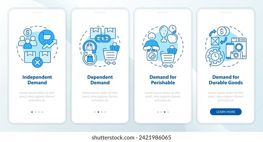 Demands analytics blue onboarding mobile app screen. Demands type walkthrough 4 steps editable graphic instructions with linear concepts. UI, UX, GUI template. Myriad Pro-Bold, Regular fonts used