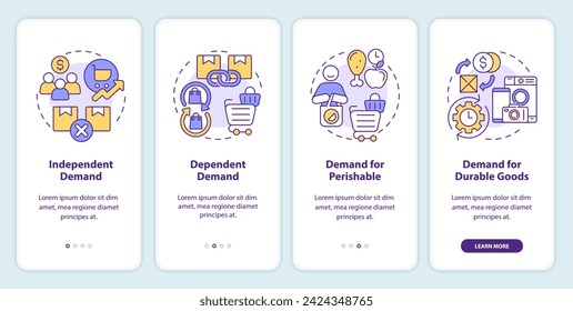 Exige análisis de la pantalla de la aplicación móvil de incorporación. Tipo de demandas tutorial 4 pasos instrucciones gráficas editables con conceptos lineales. UI, UX, plantilla GUI. Myriad Pro-Bold, Fuentes regulares utilizadas