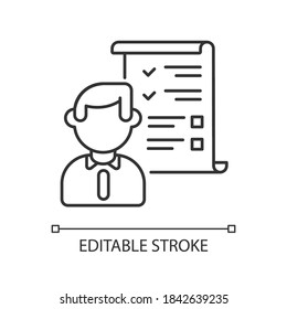 Demands list linear icon. Job application, CV thin line customizable illustration. Contour symbol. Professional resume, specialist skills list. Vector isolated outline drawing. Editable stroke