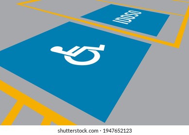 Demarcated parking spaces reserved for the wheelchair user and the elderly. Wheelchair symbol and word "IDOSO" in portuguese, which means elderly written on the floor in blue squares.