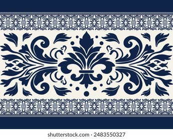 Demask Flower blue seamless pattern with abstract and traditional motifs. Perfect for textile design, wallpaper, digital backgrounds, and packaging. on cream white backgound