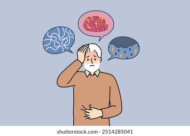 Dementia and alzheimer disease in elderly man experiencing brain confusion and pain in head. Old grandfather needs doctor help due to symptoms of dementia and sensitivity to weather.