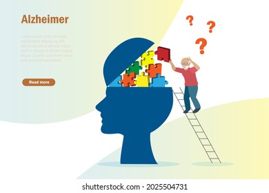 Dementia Alzheimer diseases, memory and brain loss. Elderly man find his missing memories in jigsaw puzzle on human head. Mental health problem and medical care for senior people concept.