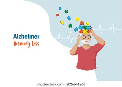 Dementia Alzheimer diseases, memory and brain loss. Elderly man lost his memories in jigsaw puzzle pieces on head. Alzheimer awareness, mental health problem for senior people concept.