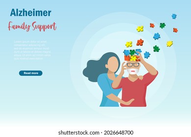 Dementia Alzheimer diseases, memory and brain loss.Elderly man lost his memories in jigsaw puzzle piece with family support from daughter. Alzheimer awareness,mental health  for senior people concept.