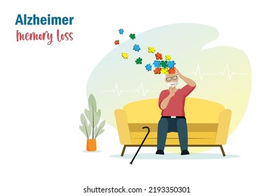Dementia Alzheimer diseases, memory and brain loss. Elderly man lost his brain jigsaw puzzle memories. World Alzheimer day, Parkinson disease and mental health.