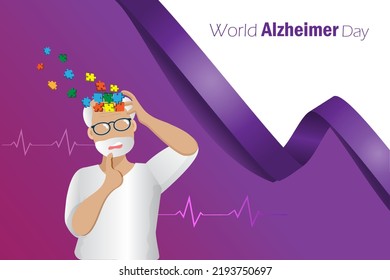 Dementia Alzheimer diseases, memory and brain loss. Elderly man lost his brain jigsaw puzzle memories on purple ribbon symbol of World Alzheimer's day, Parkinson disease and mental health.