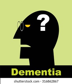 Dementia. Alzheimer. Head and question mark. Mental health symbol conceptual design. Side profile of a human face with the question mark inside as a symbol for neurology and dementia or memory loss.