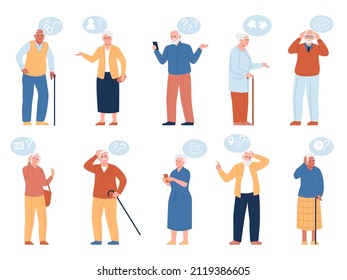 Dementia Alzheimer people. Elderly persons with memory loss or disorientation. Age changes brain. Men or women with mental disease. Cognitive disorder. Vector confusion