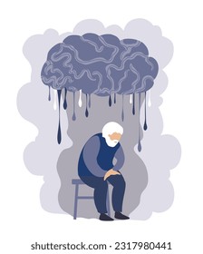 Dementia, alzheimers desease concept. Unhappy old man, sad senior person sitting under brain like cloud with rain. Cognitive impairment design, mind robbing, memory loss medical flat cartoon vector 