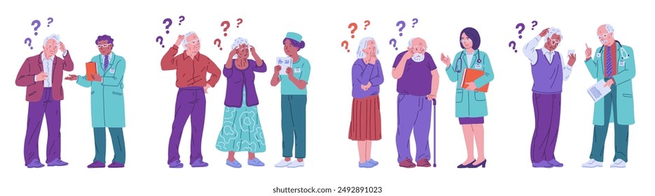 La demencia y la enfermedad de Alzheimer afectan el cerebro, causando problemas de memoria. Ilustración vectorial con hombres y mujeres ancianos y doctores que simbolizan la atención médica