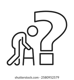 dementia or Alzheimer's disease clip art icon symbol, memory loss concept, senior adult man with question mark, taking care of older people, isolated linear vector illustration, editable stroke