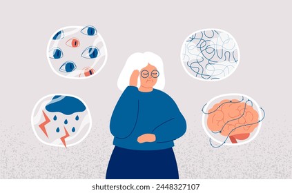 Dementia and Alzheimer's Disease concept. Elderly woman surrounded by symptoms of brain disorder. Mental health of senior people and prevention neurodegeneration illness. Vector illustration