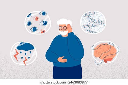 Dementia and Alzheimer's Disease concept. Elderly man surrounded by symptoms of brain disorder. Mental health of senior people and prevention neurodegeneration illness. Vector illustration