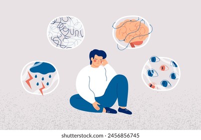 Concepto de demencia y enfermedad de Alzheimer. Joven rodeado de síntomas de desorden cerebral. Salud mental de personas de mediana edad y prevención de enfermedades neurodegenerativas. Ilustración vectorial