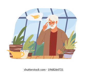 Dementia, enfermedad de Alzheimer y concepto de memoria perdida. Un anciano se olvidó de regar las plantas. Ilustración gráfica de vectores de color plana de la persona mayor con problemas mentales aislados en fondo blanco