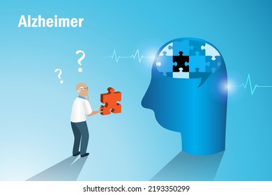 Dementia Alzheimer's diseases, memory and brain loss. Elderly man hold jigsaw missing piece, lost his memories in brain. World Alzheimer's day, Parkinson disease and mental health.