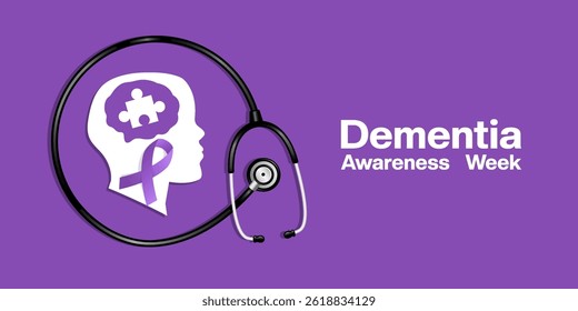 Dementia Awareness Week. Human, ribbon, puzzle and stesthoscope. Suitable for posters, banners, social media and more. Purple background.
