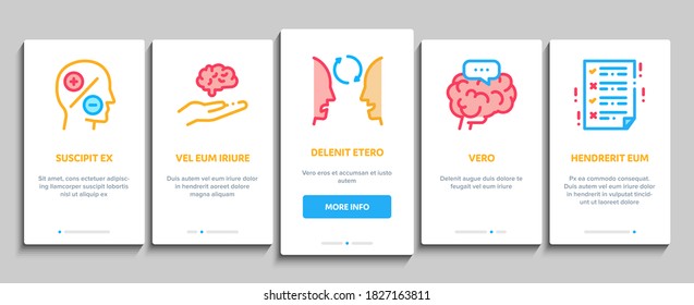 Dementia Brain Disease Onboarding Mobile App Page Screen Vector. Dementia Mind Degenerative Illness, Memory Loss And Poor Speech Pronunciation Color Illustrations