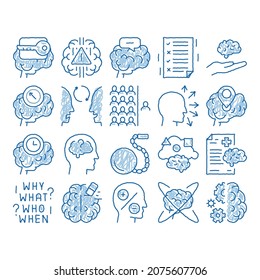 Dementia Brain Disease sketch icon vector. Hand drawn blue doodle line art Dementia Mind Degenerative Illness, Memory Loss And Poor Speech Pronunciation Illustrations