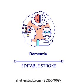 Dementia concept icon. Brain disorder. Illnesses to ask for palliative care abstract idea thin line illustration. Isolated outline drawing. Editable stroke. Arial, Myriad Pro-Bold fonts used
