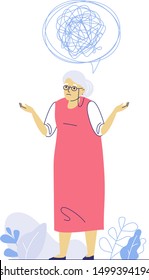 Dementia concept with memory loss of old woman. Senior woman with alzheimer disease. Symbol of mental problem, memory loss.