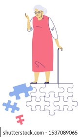 Dementia concept with memory loss of old woman. Senior woman with puzzle pieces falling apart. Alzheimer disease . Symbol of mental problem, memory loss.