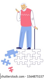 Dementia concept with memory loss of old man. Senior man with puzzle pieces falling apart. Alzheimer disease . Symbol of mental problem, memory loss.