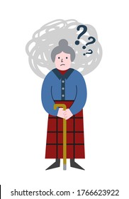 Dementia concept with memory loss of old woman. Gray haired grabby staying confused. Vector flat illustration.