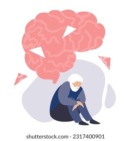 Concepto dementia. Viejo, anciano sentado bajo el cerebro con paz perdida. Dibujo de trastorno cognitivo, pérdida de memoria ilustración de vector médico