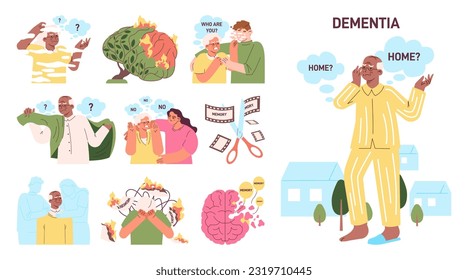 Conjunto de conceptos dementistas. Daños cerebrales relacionados con la edad y reducción de funciones. Personajes de edad masculina y femenina que pierden memoria, concentración y capacidad para realizar tareas diarias. Ilustración vectorial plana