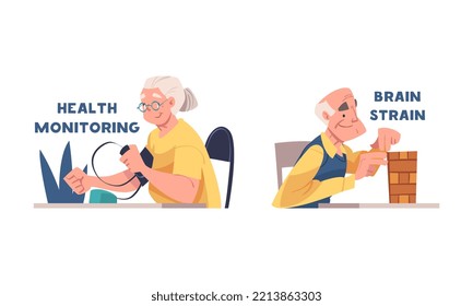 Dementia disease prevention tips set. Health monitoring and brain strain cartoon vector illustration