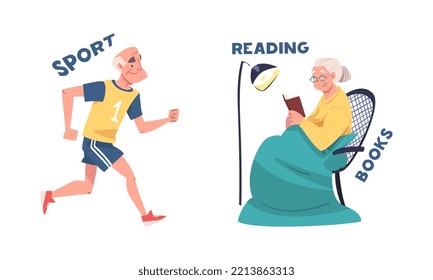 Dementia disease prevention tips set. Sport and reading books cartoon vector illustration