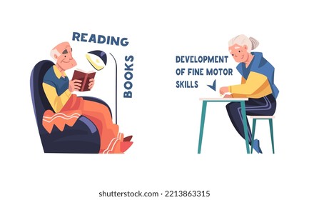 Fijación de consejos para la prevención de enfermedades en demencia. Leer libros y desarrollo de finas habilidades motoras cartografía ilustración vectorial