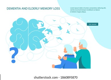 Dementia and elderly brain treatment Landing web page template. Thoughts leave the brain and fly away like birds. Metaphor of memory loss Flat Art Vector Illustration