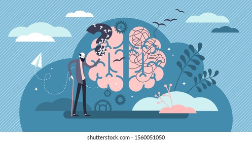 Dementia health disorder flat tiny person concept vector illustration. Brain with stylized thoughts and memories jumbling up and leaving human head. Elder person with question mark and walking stick.