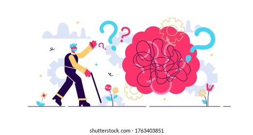 Dementia health disorder flat tiny person concept vector illustration. Brain with stylized thoughts and memories jumbling up and leaving human head. Elder person with question mark and walking stick.