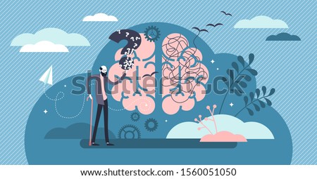 Dementia health disorder flat tiny person concept vector illustration. Brain with stylized thoughts and memories jumbling up and leaving human head. Elder person with question mark and walking stick.