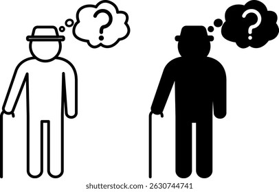 Dementia Icons. Black and White Vector Illustrations. Old Man and Question Mark. Loss of Memory, Thinking, and Reasoning. Mental Health Concept