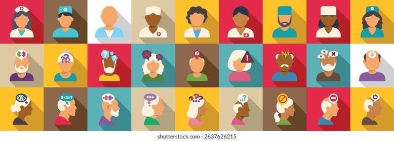  Dementia man icons set. Diverse medical professionals assisting elderly individuals struggling with various cognitive impairments and memory related challenges