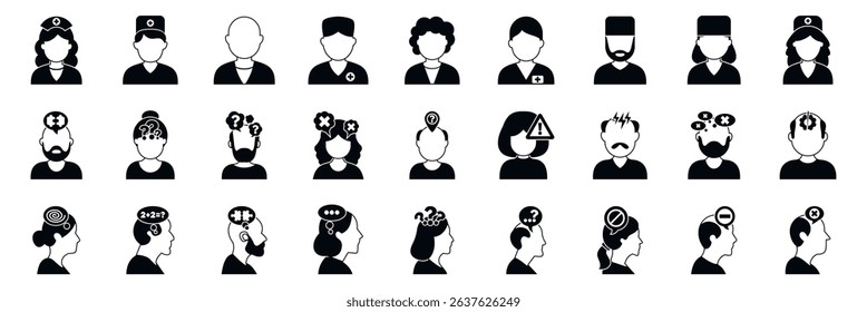  Dementia man icons set. Medical professionals and patients experiencing various mental health issues are depicted in this collection of icons