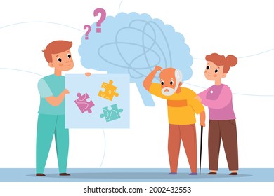 Dementia man. Oldster brain confusion. Elderly care. Volunteer and doctor help. Senior male with age memory problems and consciousness clouding. Vector medical support for grandparents