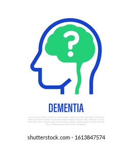 Dementia: man with question mark in brain. Thin line icon of Alzheimer disease. Healthcare and medical vector illustration.