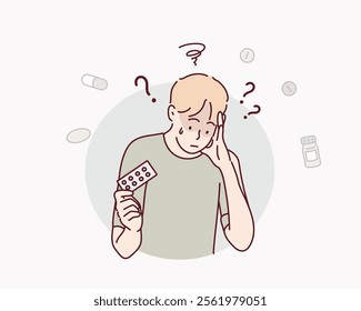 Dementia and memory impairment confuse elderly woman who needs pills to improve brain function. Hand drawn style vector design illustrations.