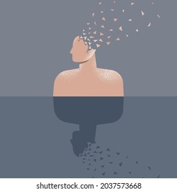 Dementia, memory loss, amnesia concept. Brain damage, cognitive disfunction, Alzheimer’s disease. Vector illustration of a human head profile broken into pieces. Mental, psychological illness