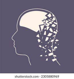 Dementia, memory loss, amnesia concept. Brain damage, cognitive disfunction. Alzheimers disease. Illustration of a human head profile with brain broken into pieces. Mental, psychological illness